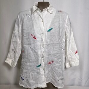Richard Malcolm 100% Irish Linen High Heel Shoes Button Down Shirt Women's LARGE